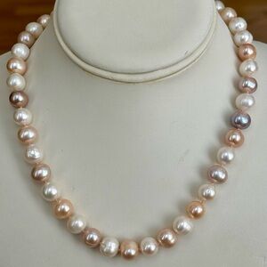 10mm+ HAND KNOTTED Multi-Color Pearls Strand 14K Yellow Gold Fill Clasp